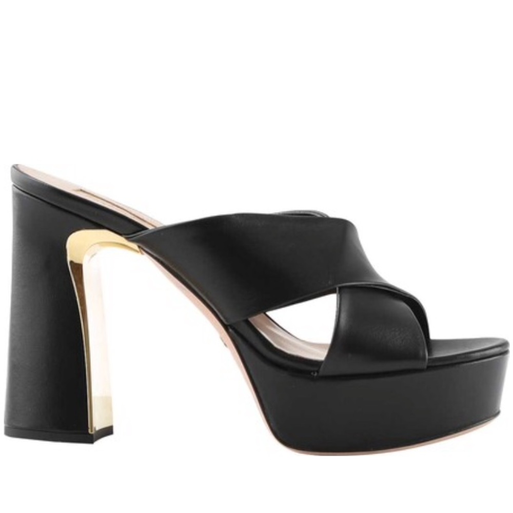 Sebastian Black Leather Sandal W/ Gold Block Heel - $519 New Made in Italy
